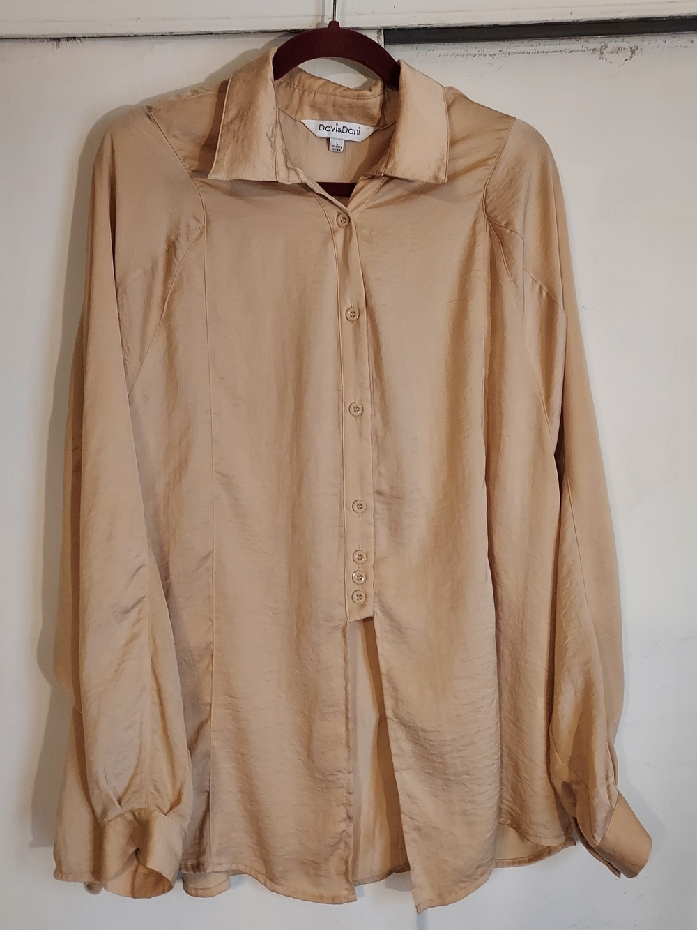 Davi & Dani Tan Collared Button Down Blouse Long Sleeve Top Size L